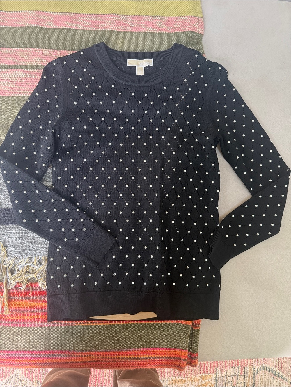 MICHAEL Michael Kors Black Crewneck Sweater with Pearl Stud Detailing